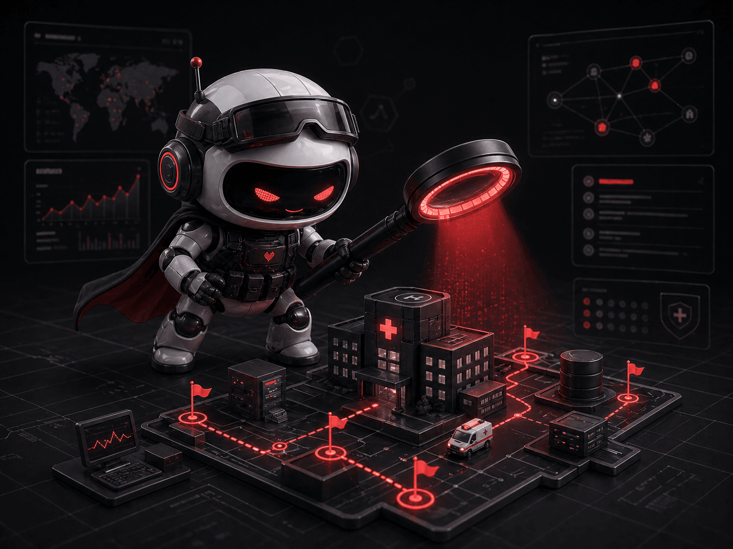 Gura, a small red-accented security robot scanning a miniature healthcare network
