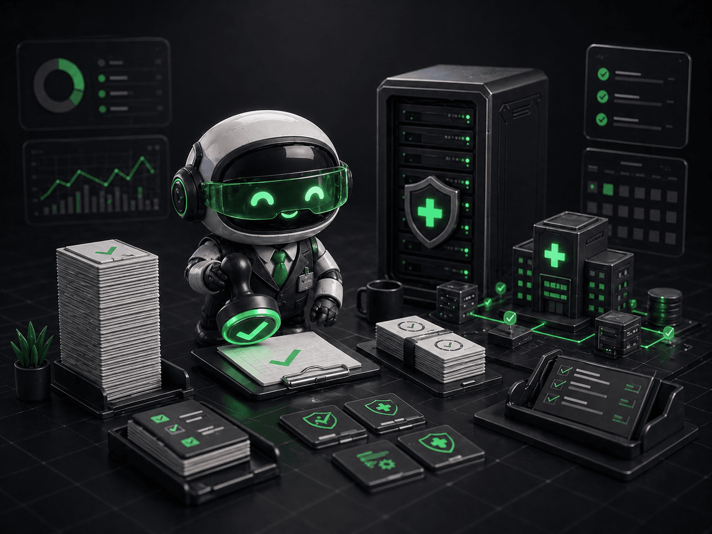 Mensah, a small green-accented robot organizing remediation and compliance reports