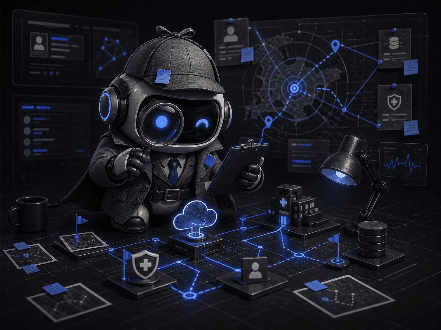 Pin, a small blue-accented detective robot investigating healthcare security evidence